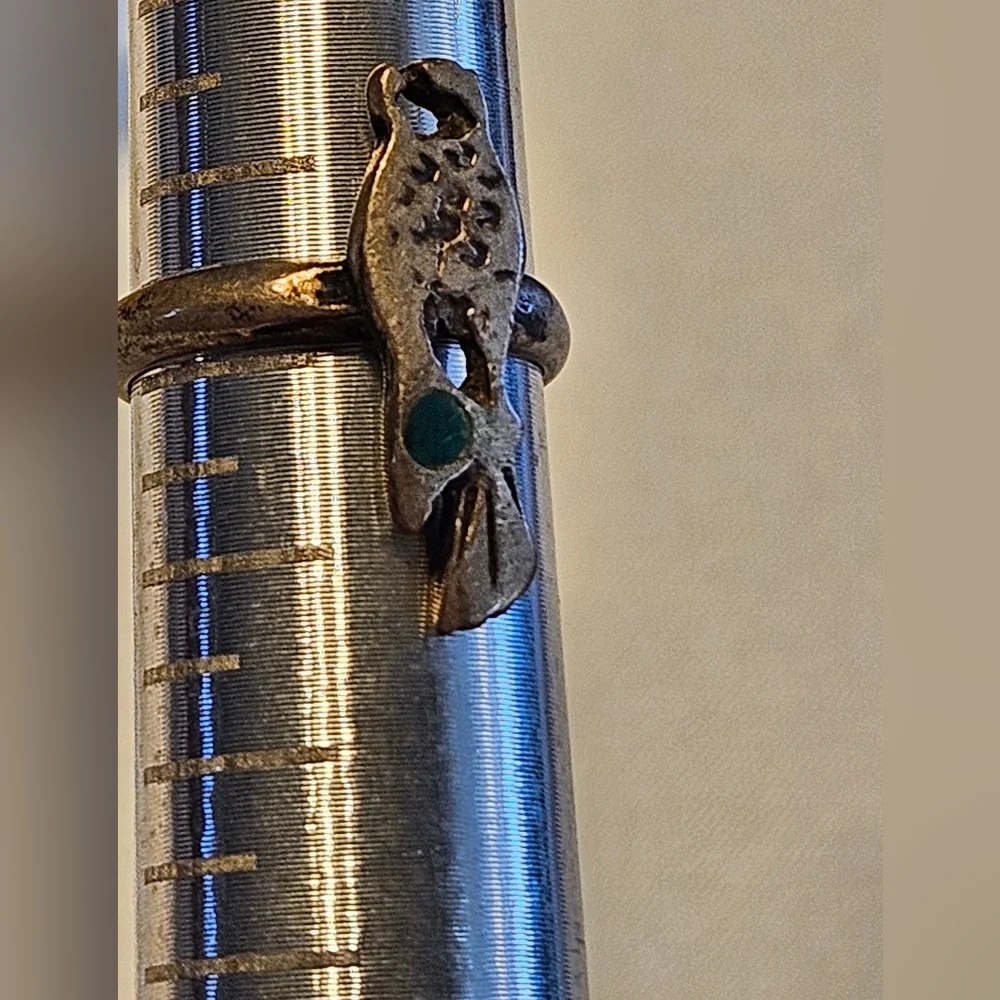 Vintage Navajo Southwest Turquoise Hand Cut Roadrunner Ring Size 5 1950-1960